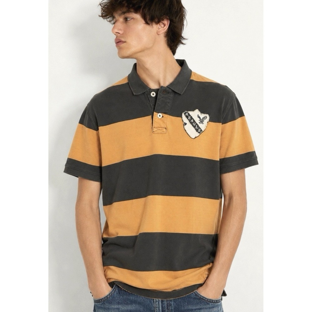 Y2K American Eagle Mens Rugby Striped Polo Shirt Size L Preppy Patch Academia - Picture 1 of 11